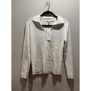 NWT Calvin Klein Womens Cream Ribbed Knit Long Sleeve Collar V Neck‎ Pullover M